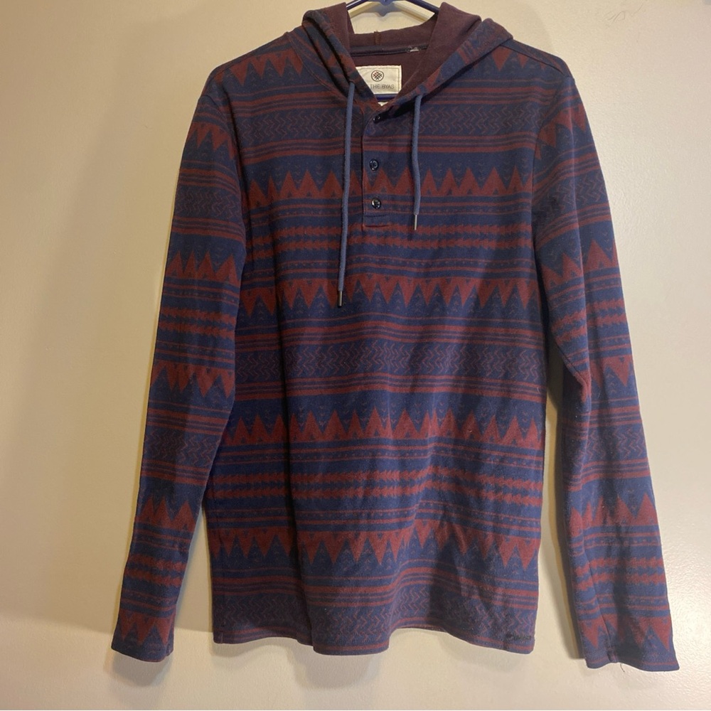 On The Byas‎ Hooded Henley Adult Medium Blue red Aztec Striped Casual Pullover